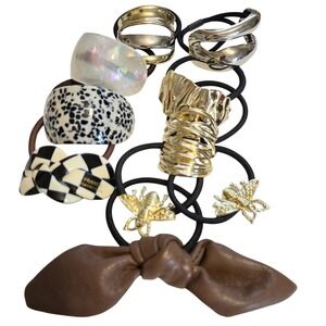 10pc Women Hair Tie Set France Handmade Checkered Gold Bee Metallic Cuff Bundle
